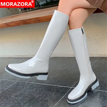 MORAZORA 2021 New sosire femei cizme med tocuri deget de la picior pătrat confortabil doamnelor pantofi de iarna cizme genunchi ridicat orez negru alb
