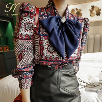 H Han Regina De Iarnă Elegant Arc Bluze Femei 2020 Nou Stil Coreean Casual Vintage Imprimare Tricouri Simple De Birou Poarte Blaturi De Lucru