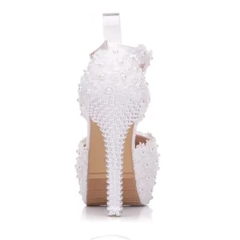 14cm alb dantelă pantofi de nunta pentru Femei cu cap rotund pantofi platforma de mari dimensiuni 40 41 pantofi cu toc inalt, pantofi de mireasa margele de flori pompa