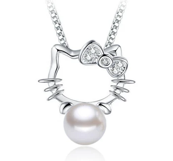 ANENJERY 925 Sterling Silver Pearl Pisica Minge de Cristal Pandantiv Neckace Pentru Femei 45cm Lanț cravată collares S-N88