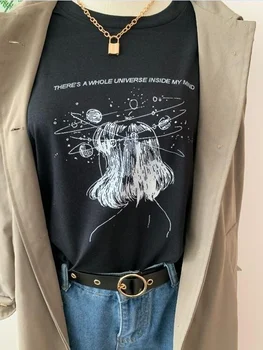 HAHAYULE-JBH Există Un Întreg Univers în Mintea Mea Femeile Artă Desen T-Shirt Tumblr Drăguț Estetice Grunge Negru Tee ' 90