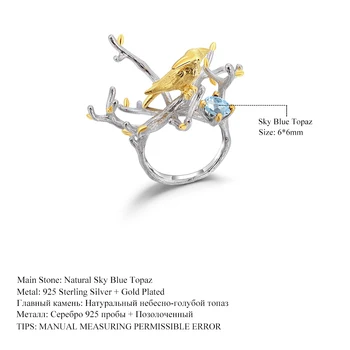 GEM de BALET Argint 925 lucrat Manual Pasăre de Aur Ramură de Copac Inele Proteja Mediul Natural Sky Blue Topaz Inel pentru Femei Partid