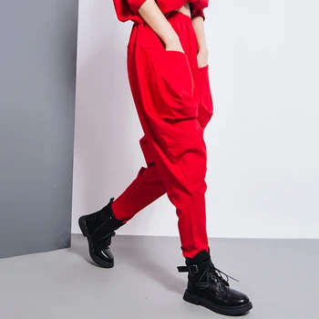 Primavara Toamna Femei Roșu Harem Pantaloni De Bumbac Plus Dimensiune Liber Elastic Talie Mare Largi Cross-Buzunarul De La Pantaloni Lungi Pantaloni Streetwear