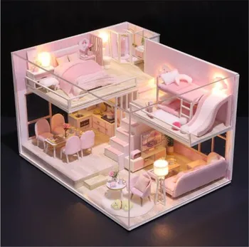 Noi 3D din Lemn pentru Casa Papusa Roz cu Mobilier în Stil DIY Casa in Miniatura Model de Lumină LED-uri de Lemn casă de Păpuși Cadouri de Crăciun Pentru Copii