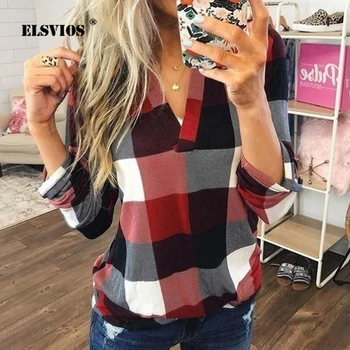 ELSVIOS 2019 Plus Size V-neck Bluza Carouri Imprimate Tricou Femei Toamna cu Maneca Lunga Topuri Largi Doamne Elegante Bluze de Birou S-5XL