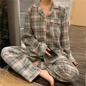 Cuplu carouri homesuits pentru femei barbati cu mâneci lungi coreean set de pijama iubitorii de grilă pijamale seturi de toamnă 2 buc L018