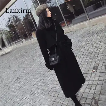 Femei de iarnă lână cașmir haina noua moda mediu timp liber haină de lână neagră subțire cu mâneci lungi de lână, îmbrăcăminte exterioară