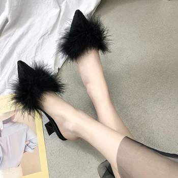 2020 nouă femei set deget de la picior în formă de non-alunecare tocuri înalte de moda de cauciuc de jos stofa elastica vara superficial pantofi blană