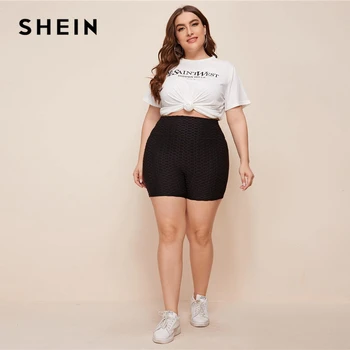 SHEIN Plus Dimensiune Negru Betelie Largă Texturate Skinny Biker pantaloni Scurți Femei Casual de Toamna Plus Slim Fit pantaloni Scurți de sport