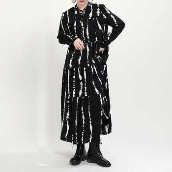 [MEM] Femei de Dimensiuni Mari, cu Dungi Imprimate Rochie Lungă Nou Stand de Guler cu Maneci Lungi Vrac se Potrivi Moda Primavara Toamna anului 2021 1DD1565