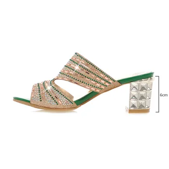 Toc pătrat de Vară Doamnelor Papuci de Moda de Lux Slide-uri cu Stras de Cauzalitate Flip-Flops Pantofi de Plaja si Femeie de Aur Verde Catâri
