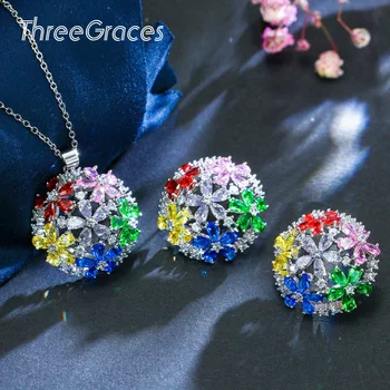 ThreeGraces Designer de Moda Bijuterii Colorat Rotund de Flori Roșu Albastru Verde Cubic Zircon Cristal Cercei Coliere Seturi JS093
