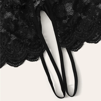 COLROVIE Negru Dantelă Florale Dantelate Trim Cut-out Teddy Body Femei 2019 Noi Elastic Lenjerie Sexy Pur Solid Sleepwear