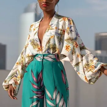 Femei Vara Imprimate Bluza V Gât Topuri Tricou Lung Felinar Mâneci Elegant Femme Africa De Moda De Sex Feminin Bluas De Mari Dimensiuni Doamnelor