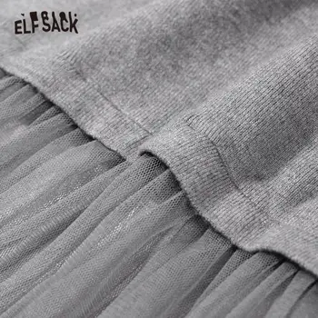 ELFSACK Negru Solid Contrast Mesh Casual Femei Fuste Midi,2020 Toamna ELF Gri Pura Talie Mare,coreeană Doamnelor Bază de zi cu Zi Jos