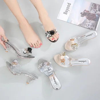 2020 Noi de Vara Femei Papuci Cristal Flori 6.5 CM Tocuri inalte Catâri Diapozitive Doamna Transparent Papuci Flip Flop Sandale Jeleu