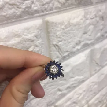 Bague Ringen Femeie la Modă, Argint 925 Bijuterii Inele de Safir pentru Femei de Floarea-soarelui Pietre semipretioase Albastre Flori de Plante Dating inel