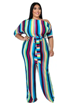 2020 Toamna Noua Femei Multicolor cu Dungi de Imprimare de Mari Dimensiuni Costume Lady ' Slash Gât Lace-up Jumătate Maneca Drept Salopetă