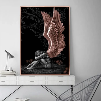 Scandinave Îngeri și Demoni Panza Pictura Gri Fata Aripi Postere si Printuri de Arta de Perete Imagini pentru Living Decorul Camerei Cuadro