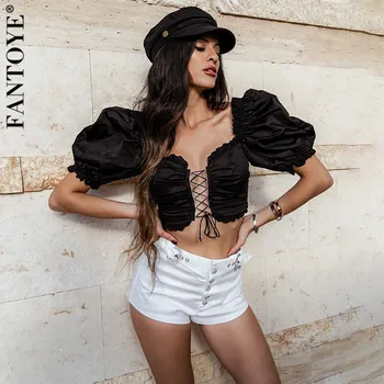 FANTOYE Sexy Scurt Puff Maneca Bandaj Crop Top pentru Femei de Vară Gol Afară Backless Camis Femme Club de noapte Subțire Solid Tank Topuri 2020