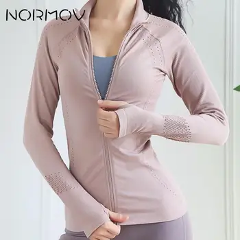 NORMOV Fermoar Yoga Shirt Pentru Femeie Degetul mare Gaura Fierbinte Maneca Lunga Crop Top Tricouri Sport Execută Antrenament de Fitness Gol afară Topuri