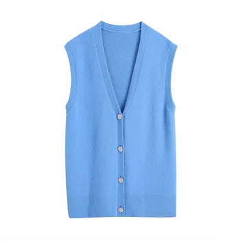 LVWOMN Za 2021 Femei Cardigan tricotate Vesta Liber Supradimensionat Pulover Albastru Vestă fără Mâneci Femeie Vintage Butonul de Jos Vesta Cardigan