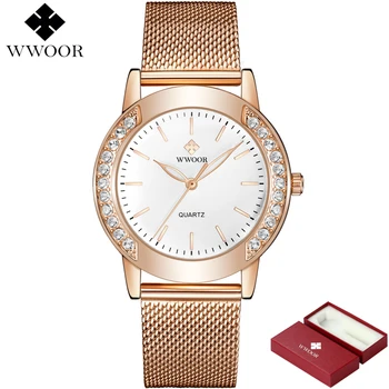 WWOOR Brand de Lux pentru Femei Ceasuri Stras Cuarț Rochie Doamnelor Ceas de Aur roz a ochiurilor de Plasă Formatia Diamant Ceas de mână Ceas de mână de sex Feminin