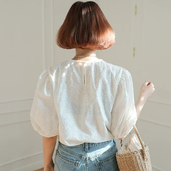 Bluza de vara Femei Dulce Scobite Pierde Tricoul Alb Manșon de Puf O-neck Top Simplu coreeană Stil Vintage 2020 Noua Moda