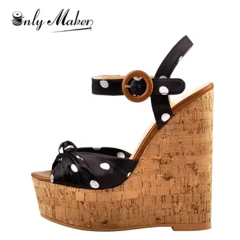 Onlymaker Femei Pană Platforma de Lemn cu Toc Sandale cu Buline Glezna Curea sandale Sandale Pentru Petrecere Casual Pantofi de Înaltă Calitate, 37