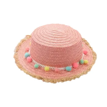 Noua Copilul de Vară Panama Pălării de Soare pline de culoare Ciucure Bile Pălărie de Paie Minunat copii Fata de Margine Largă Plajă Capac de Vârf Plat Vizorul Sombrero