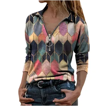 V-neck Zip Până Hoodies pentru Femei de Moda Rever Imprimare Geometrice cu Fermoar Hanorac cu Maneca Lunga Bluza Casual de Top de sex Feminin Jumper Moda