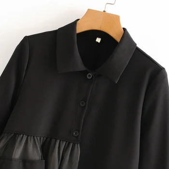 Bluza neagra cu Maneci Lungi plasă Bluza rândul său, în jos guler Femei Topuri si Bluze Solidă Tricou casual Doamna Bluza Tricou Blusas Camisa