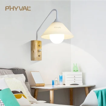 PHYVAL New sosire Lampă de Perete Modernă de Sticlă Abajur de Lampă de Perete Comutator de Bază de Lemn de Tranșee de Perete Dormitor Living