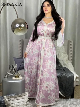 Siskakia Maneca Lunga Rochie Maxi pentru Femei Dulce Albastru Roz Dubai Abaya Moda Panglică Trim V-Neck Jalabiya Musulman se Încadrează În 2020 Nou