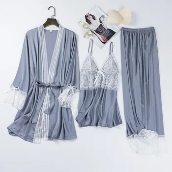 Fiklyc lenjerie 2020 pentru femei primavara 3 bucăți de satin & lace mozaic seturi de pijamale cu maneca lunga V-gât adânc sexy sleepwear