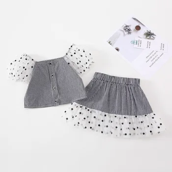 Vara New Sosire stil coreean seturi de îmbrăcăminte de moda drăguț polka dot Bubble sleeve shirt cu despicare fusta carouri pentru fată drăguță