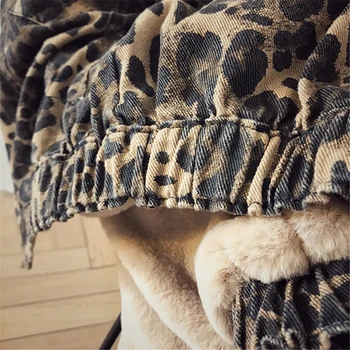Lambswool Femei de Moda de Iarnă Leopard Fleece Cald Hanorac Gros de Blană cu Glugă Sacou Blugi marime Mare Denim Haina