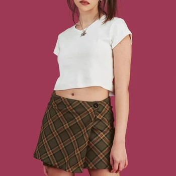 ALLNeon Epocă Carouri-linie Fuste Mini de Un singur Buton de Talie Mare Fuste Scurte pentru Femei Chic E-fata Stil Fundul Streetwear 2020