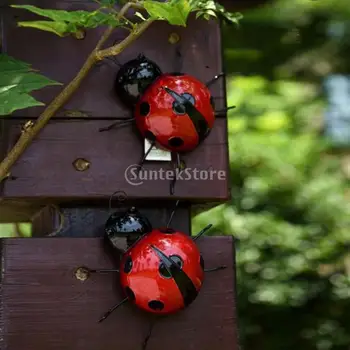 De Grădină din Metal de Perete de Arta Decorative Set de 2 Buburuze Drăguț Perete în aer liber de Sculpturi (Roșu, 10cm & 16cm) Agățat de Perete Decor