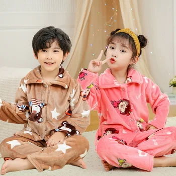 Noi 2020 Copii Băieți Fete Toamna Iarna Flanel Cald Pijama Seturi de Desene animate de Imprimare Rever Topuri cu Pantaloni de Dormit Seturi de Îmbrăcăminte