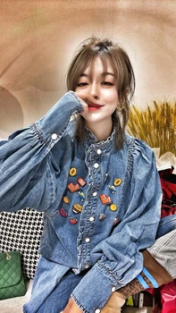 Blugi Topuri de sex Feminin 2021 Primăvară Nouă coreeană de Moda de Îmbrăcăminte pentru Femei Kawaii Îmbrăcăminte Badages Y2k Bluze Lantern Maneca XC212