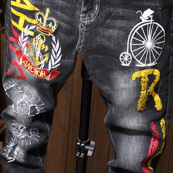 De sex masculin Blugi Bărbați Jean Homme Denim Slim Fit pantaloni Pantaloni Negri de Motociclist Imprimare Designer Slab Înaltă Calitate Moale Tineri