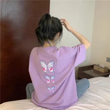 Primavara-Vara Noi Femei tricou Butterfly Print cu Maneci Scurte Rotund Gat tricou Femeie din Bumbac Spandex T shirt Femei