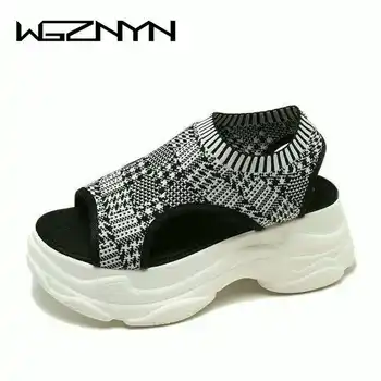 WGZNYN Pantofi Noi Femeie Brioșă cu talpi Groase Mare cu Roman Femeie Sandale pentru Femeie Adidași Gură de Pește Gol Cravată Pantofi Femei W209