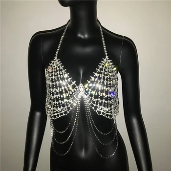 AKYZO de Lux Stras Argint Lanț Tassel Camis Femei de Top Club de noapte Genial Diamant Artificial Festivalul de Plajă Purta Topuri de Cultură