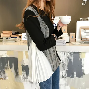 Versiunea Coreeană Japoneză T-Shirt De Moda Temperament Structură Neregulată Mozaic O Gatului Maneca Lunga Femei Carouri Topuri