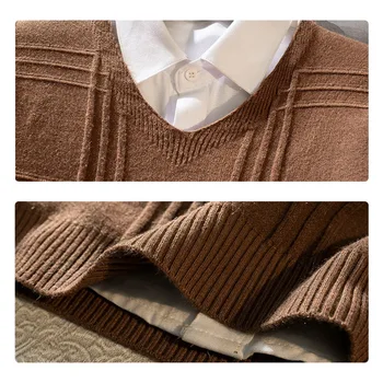 Puimentiua Epocă Carouri Tricot Barbati Pulover Casual V gât Tricotaje Bluze de Toamna pentru Haine Barbati Tricotate Pulover 2019 Moda Barbati