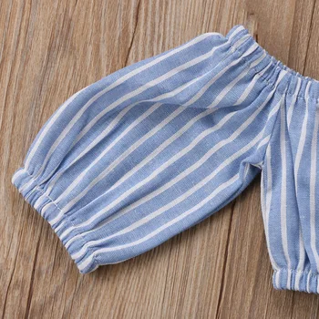 2018 cel mai Nou Brand de copii pentru Copii Fete Casual Albastru cu Dungi Jumătate Maneca Topuri+Bowknot Liber Largi Picior Pantaloni Costume Seturi 1-6Y