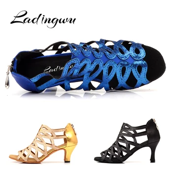Ladingwu Femeie Dans latino Pantofi Albastru cu Sclipici și Sandale de Satin Pentru Dans, Pantofi De Dans cu Toc Pentru Femei Pantofi de Salsa