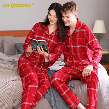 Moda Roșu Moale Nouă Maneca Lunga, Pantaloni Lungi de Iarnă Bărbat și Femeie Pijama Set Pijamas Pereche de Pijamale din Bumbac , Carouri de Imprimare